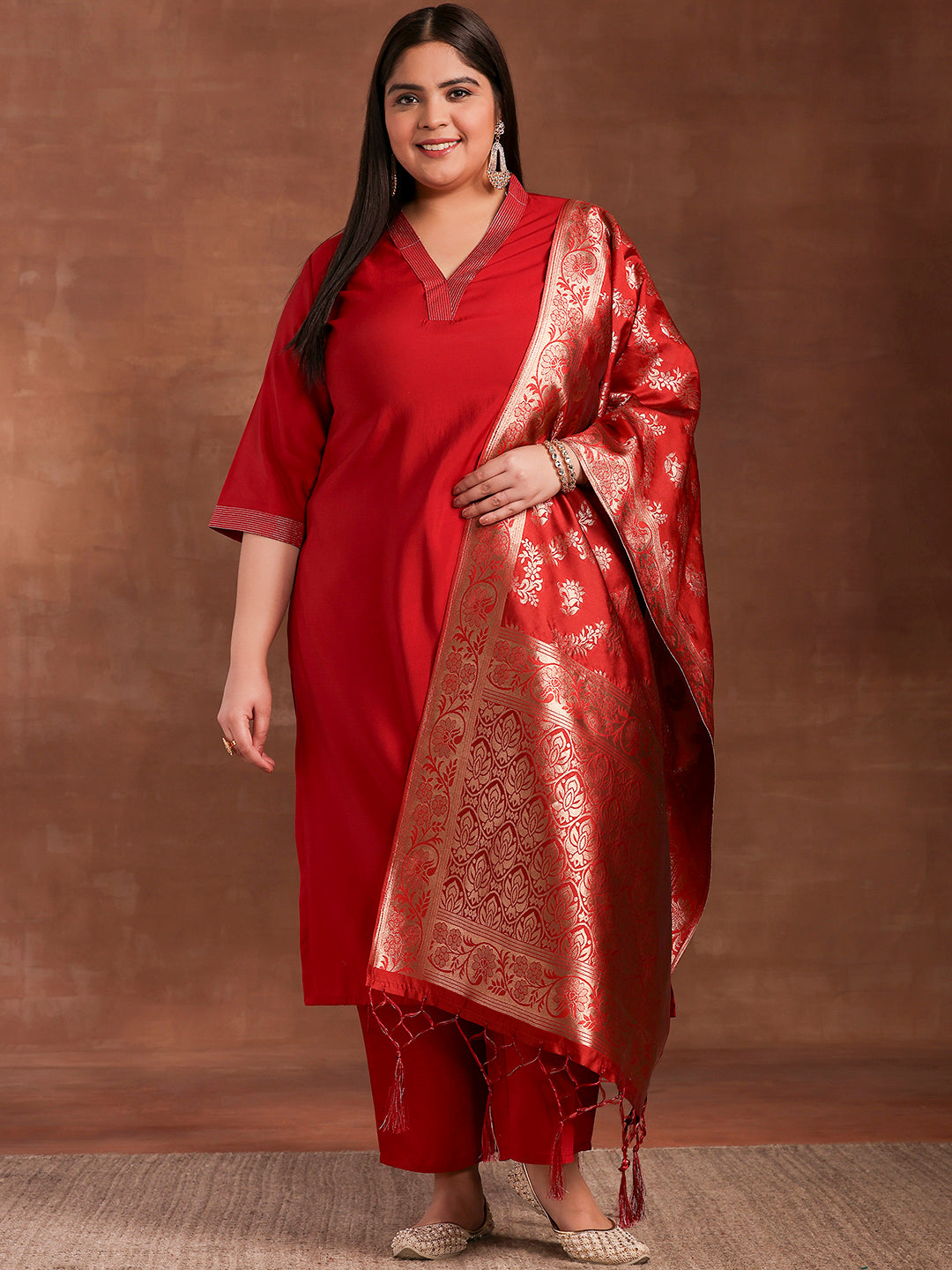 Plus Size Red Solid Silk Blend Straight Suit With Dupatta