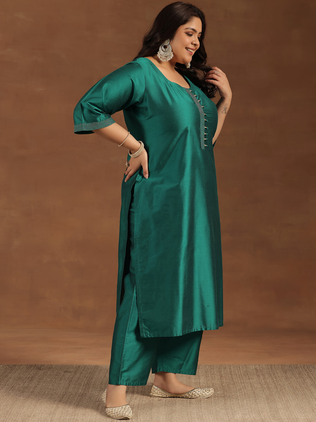 Plus Size Green Solid Silk Blend Straight Suit With Dupatta