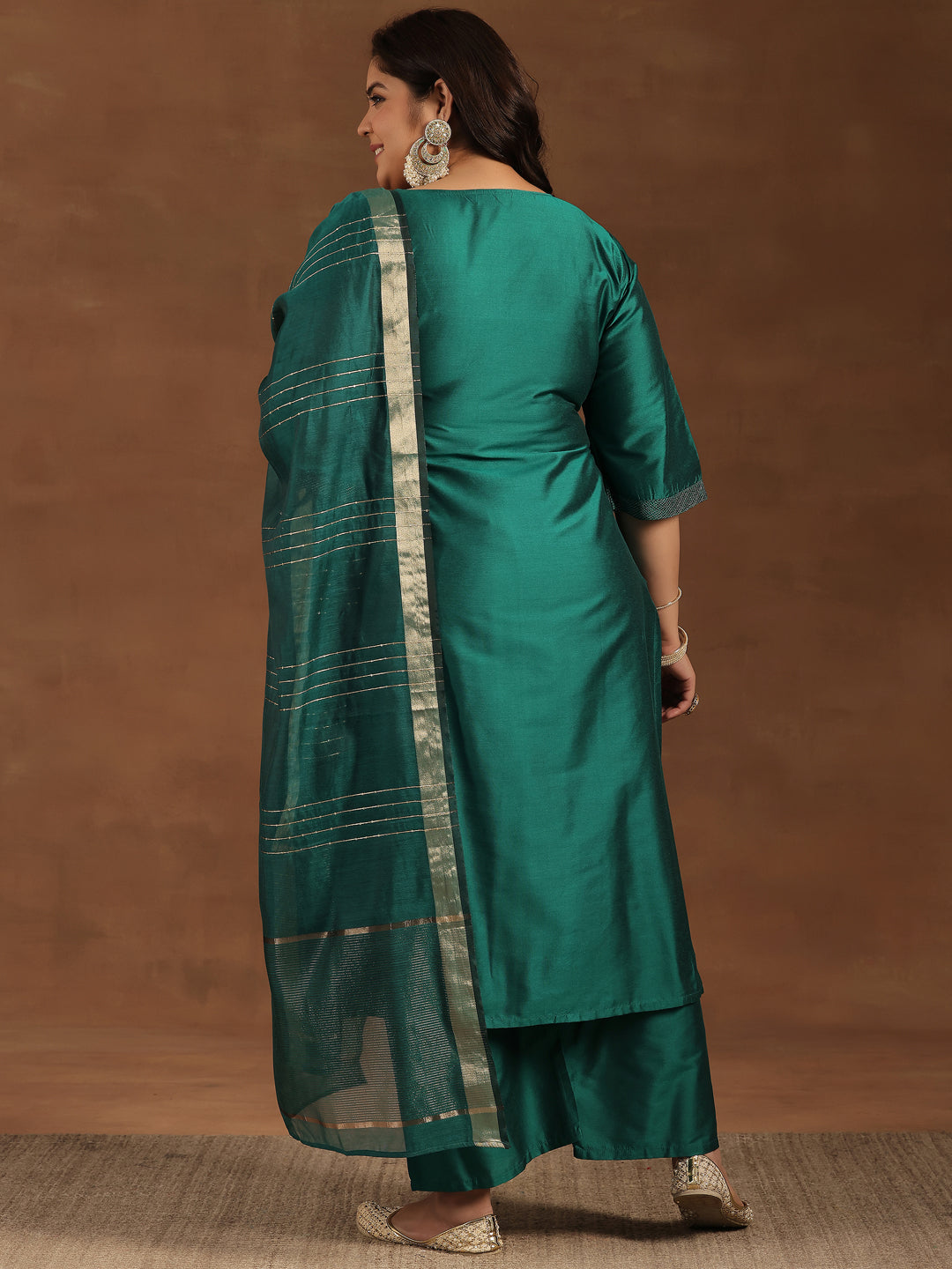 Plus Size Green Solid Silk Blend Straight Suit With Dupatta