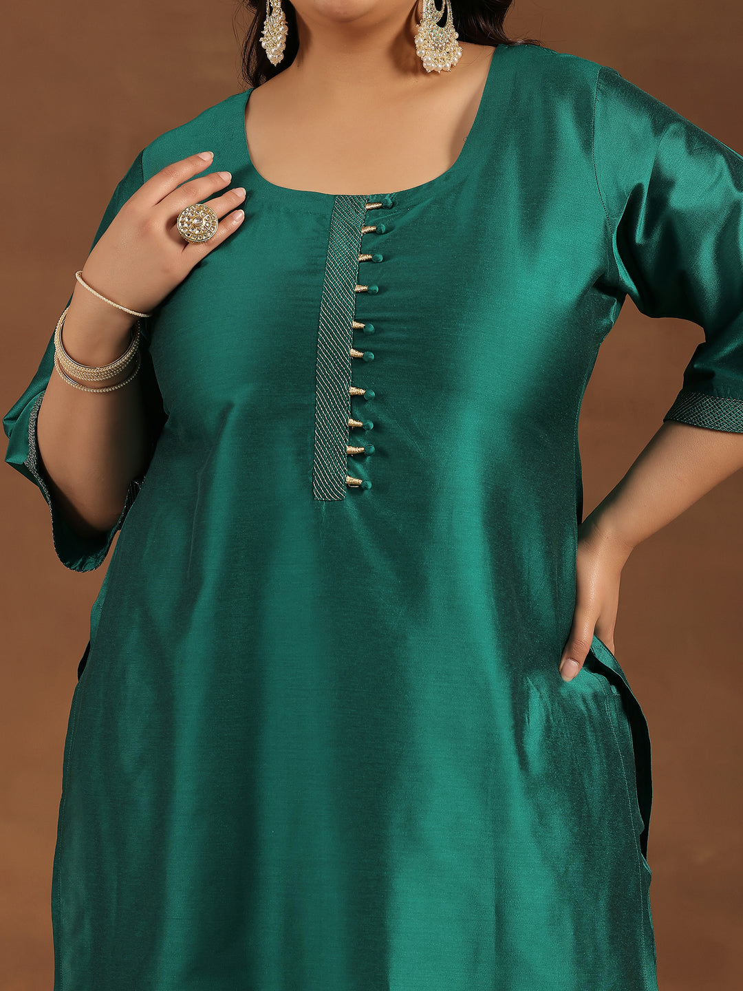 Plus Size Green Solid Silk Blend Straight Suit With Dupatta