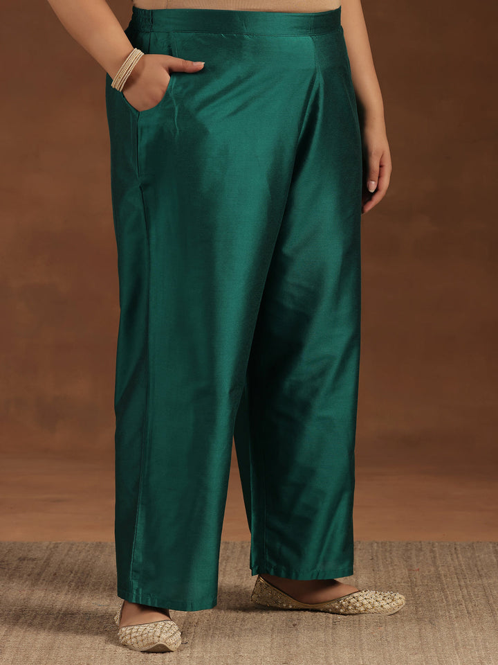 Plus Size Green Solid Silk Blend Straight Suit With Dupatta