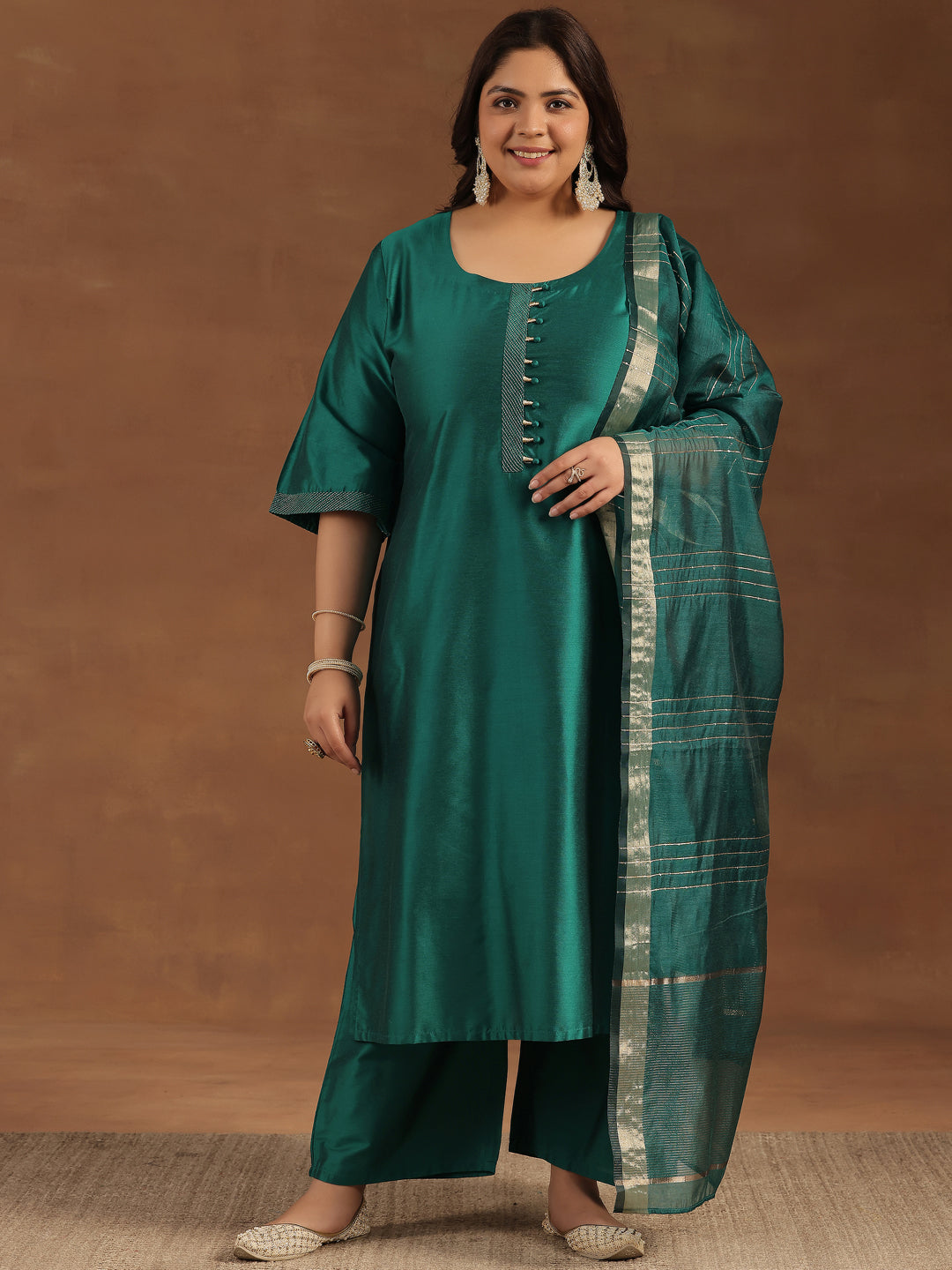 Plus Size Green Solid Silk Blend Straight Suit With Dupatta