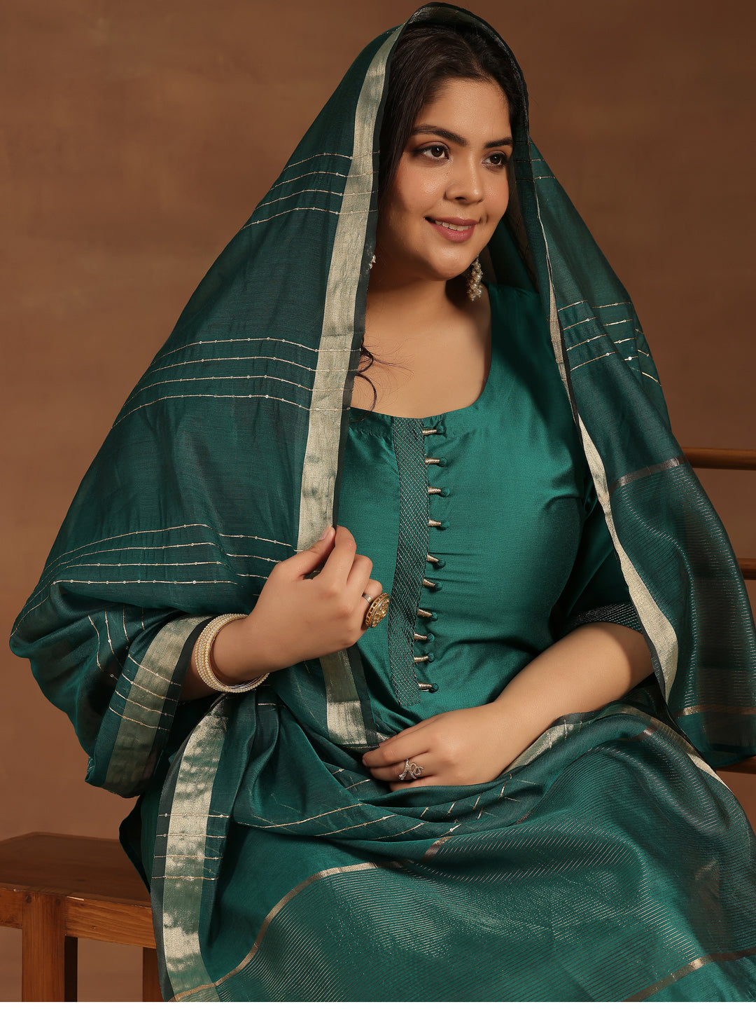 Plus Size Green Solid Silk Blend Straight Suit With Dupatta