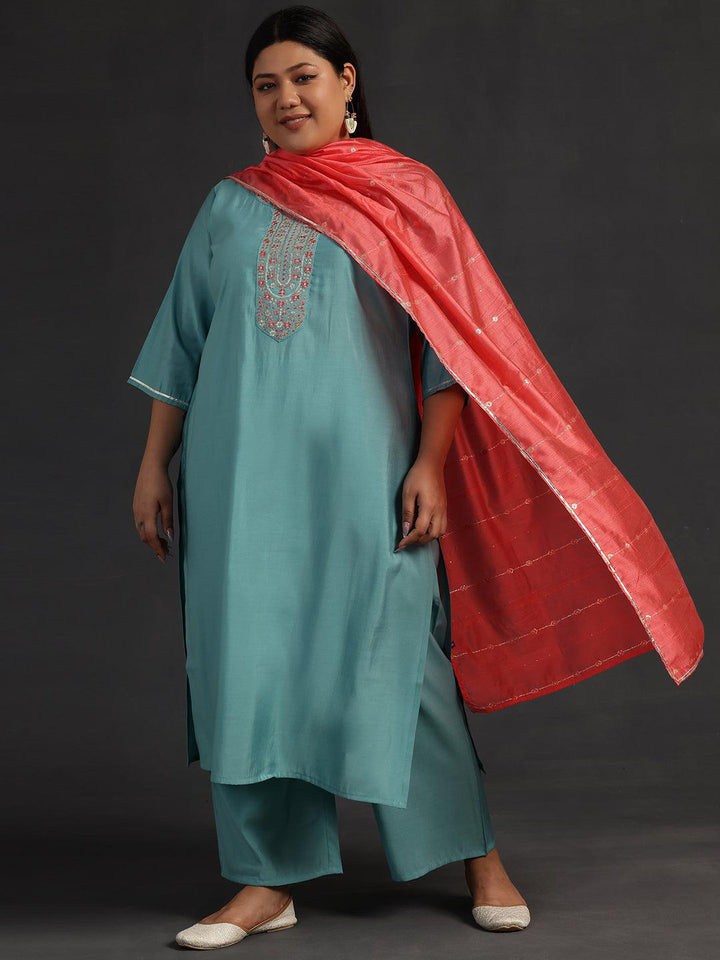 Plus Size Blue Yoke Design Silk Blend Straight Suit With Dupatta