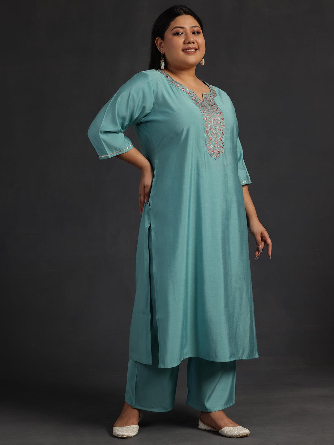 Plus Size Blue Yoke Design Silk Blend Straight Suit With Dupatta