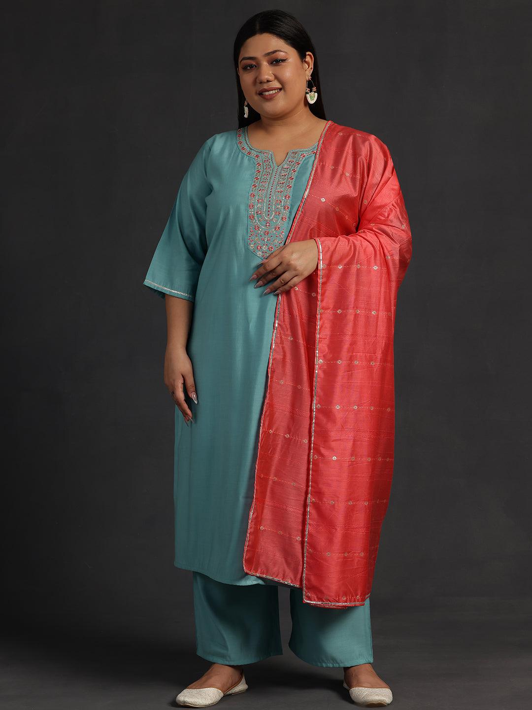 Plus Size Blue Yoke Design Silk Blend Straight Suit With Dupatta