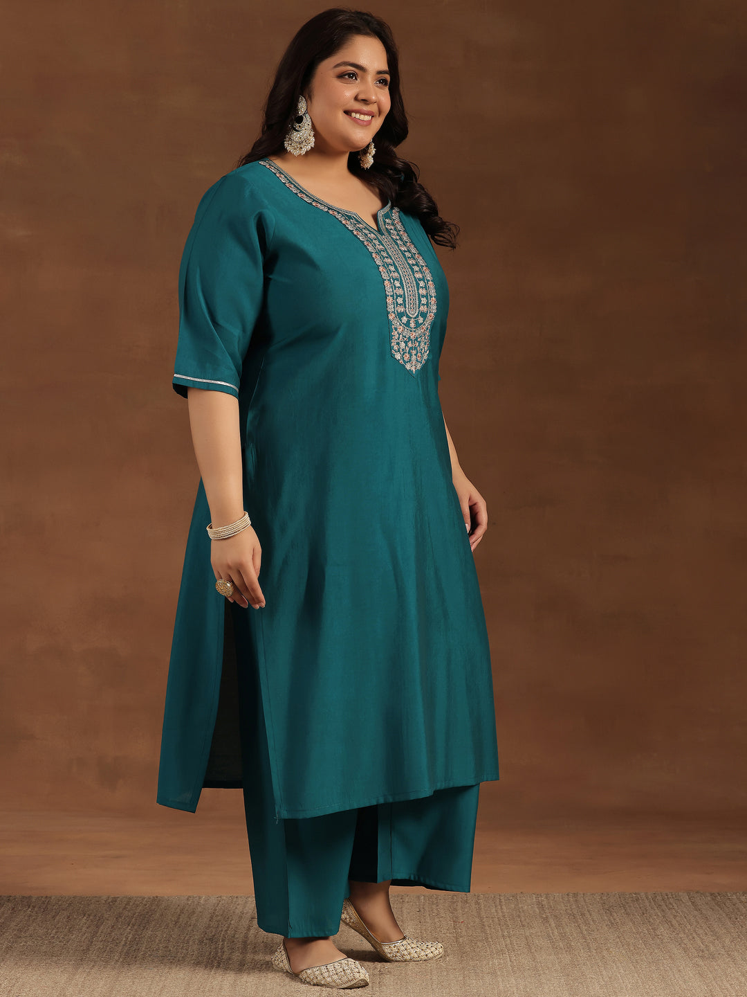 Plus Size Teal Yoke Design Silk Blend Straight Suit With Dupatta