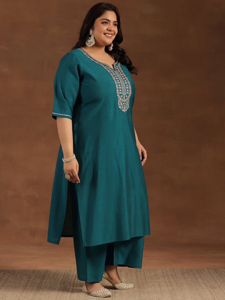 Plus Size Teal Yoke Design Silk Blend Straight Suit With Dupatta