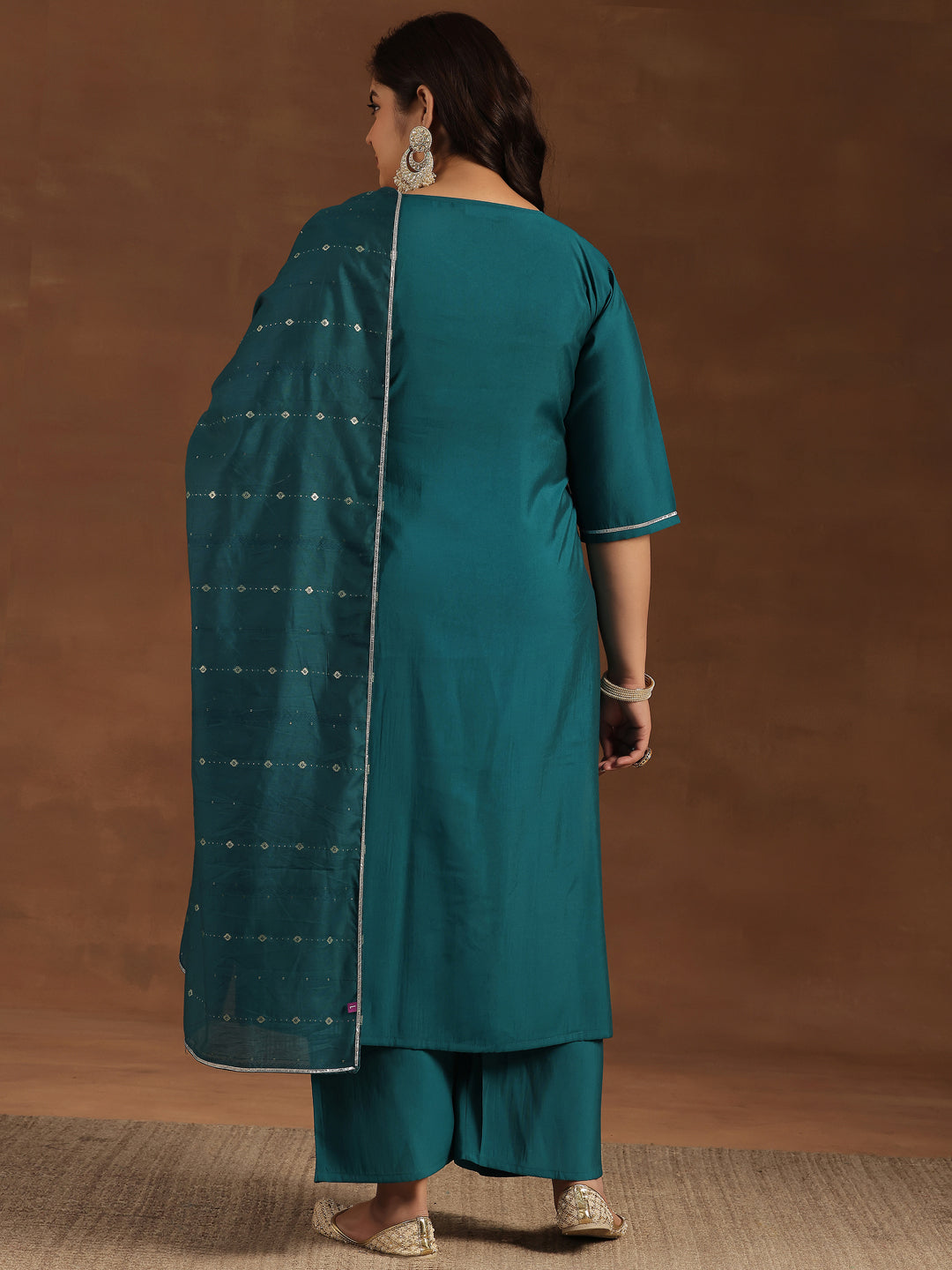 Plus Size Teal Yoke Design Silk Blend Straight Suit With Dupatta