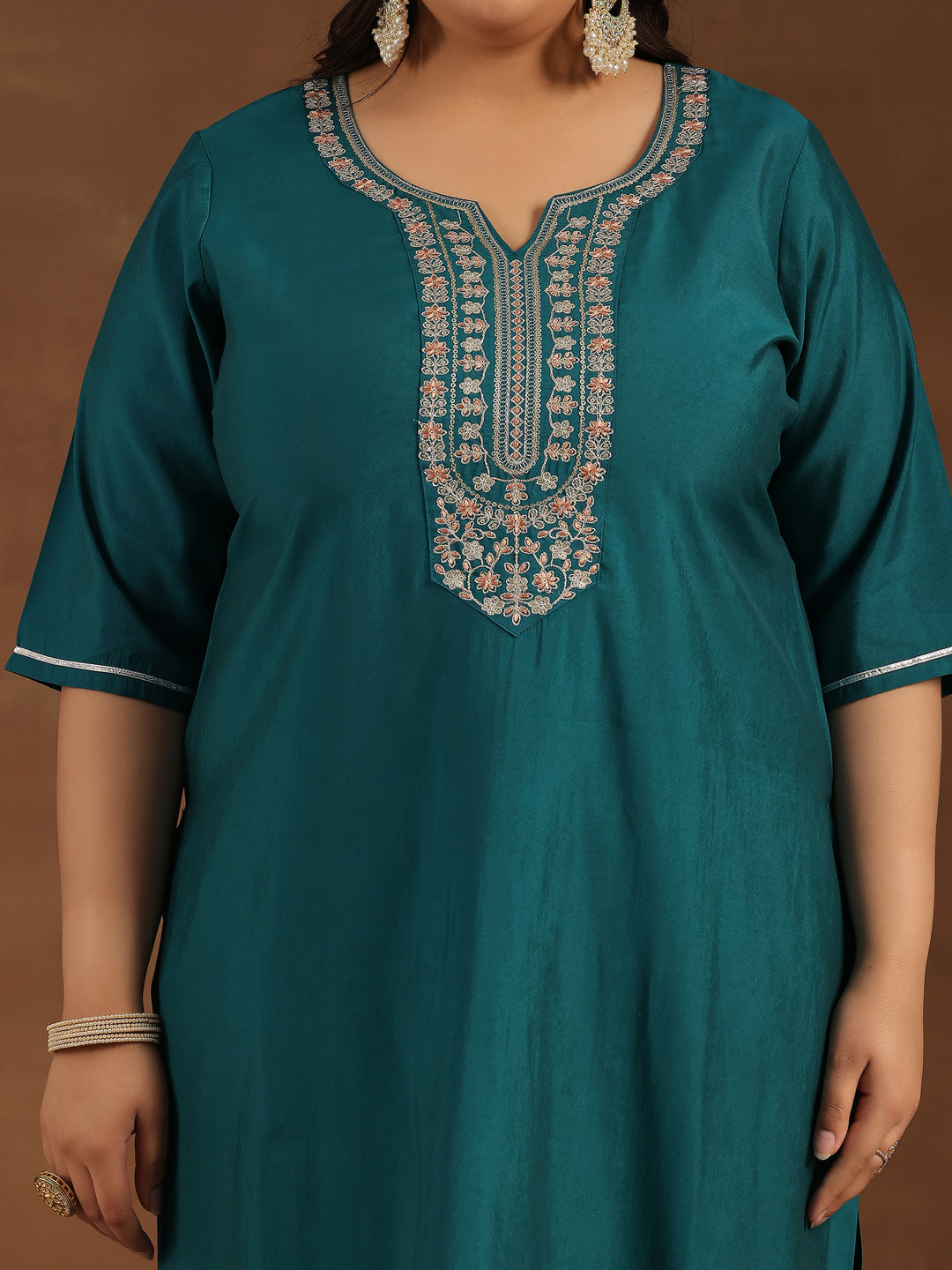 Plus Size Teal Yoke Design Silk Blend Straight Suit With Dupatta
