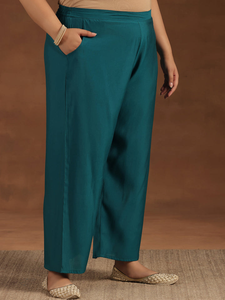 Plus Size Teal Yoke Design Silk Blend Straight Suit With Dupatta