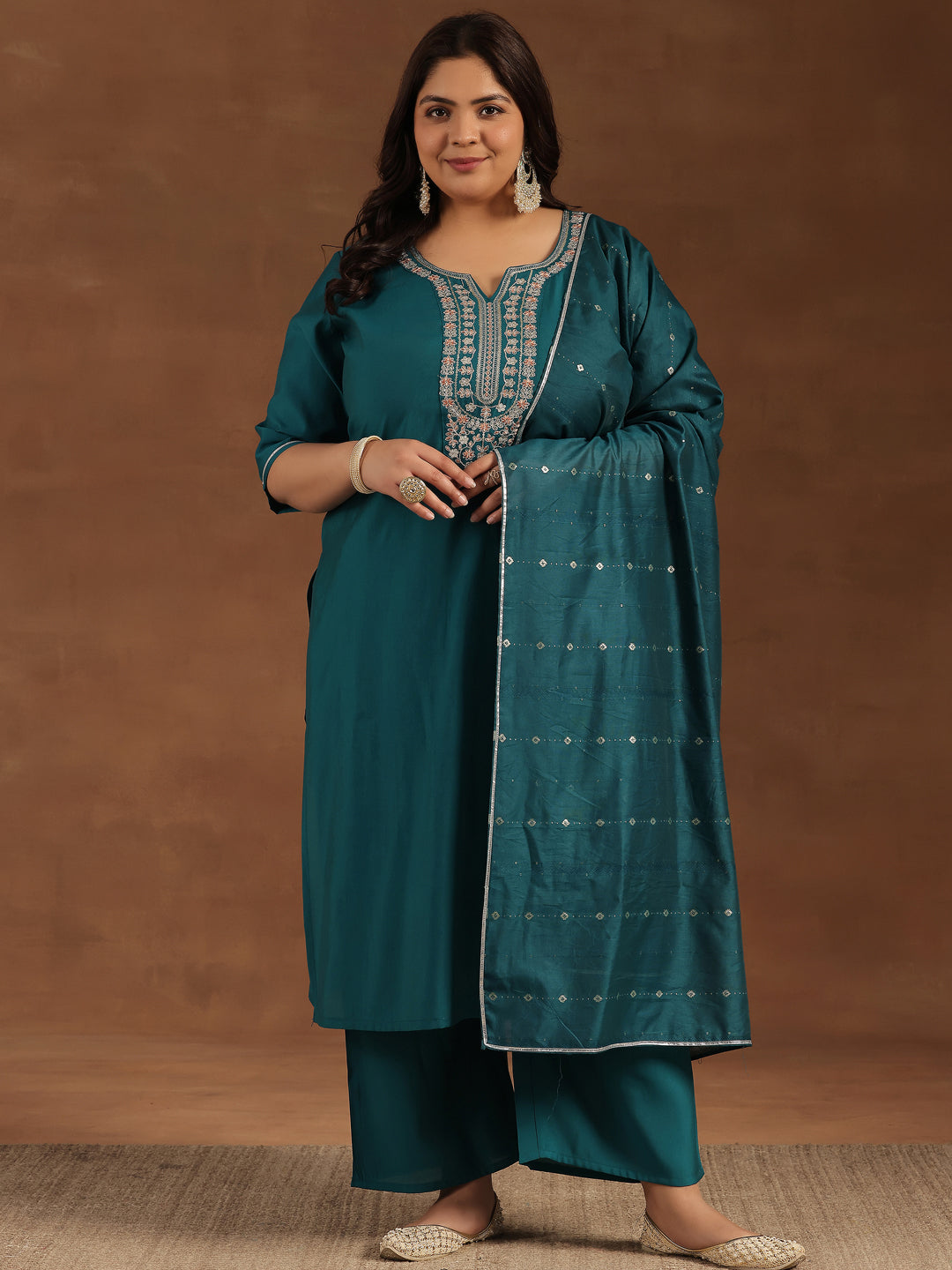 Plus Size Teal Yoke Design Silk Blend Straight Suit With Dupatta