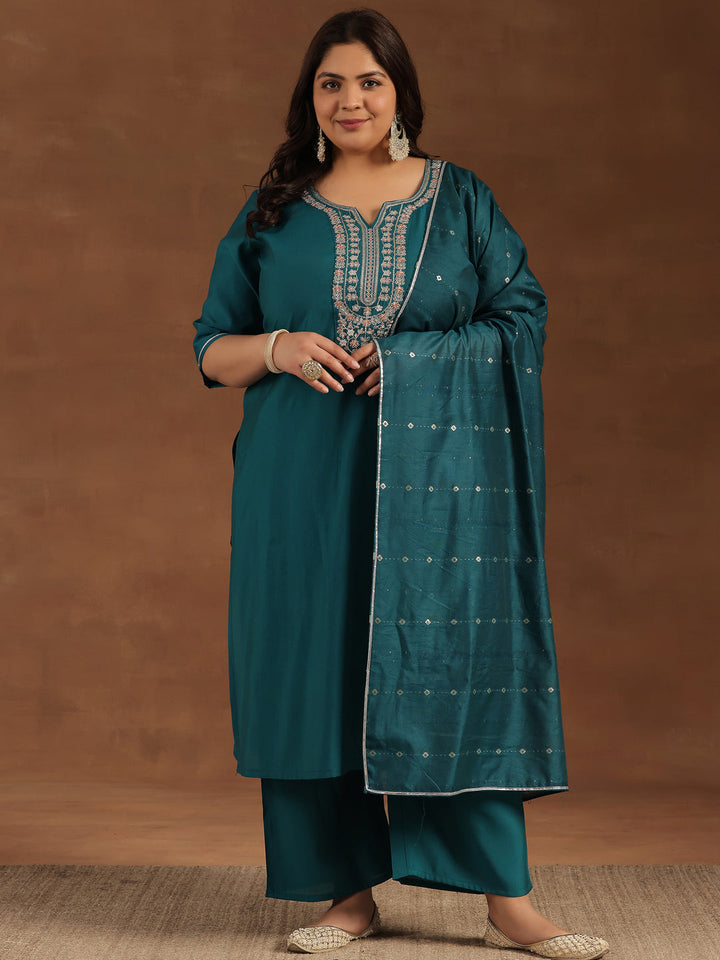 Plus Size Teal Yoke Design Silk Blend Straight Suit With Dupatta