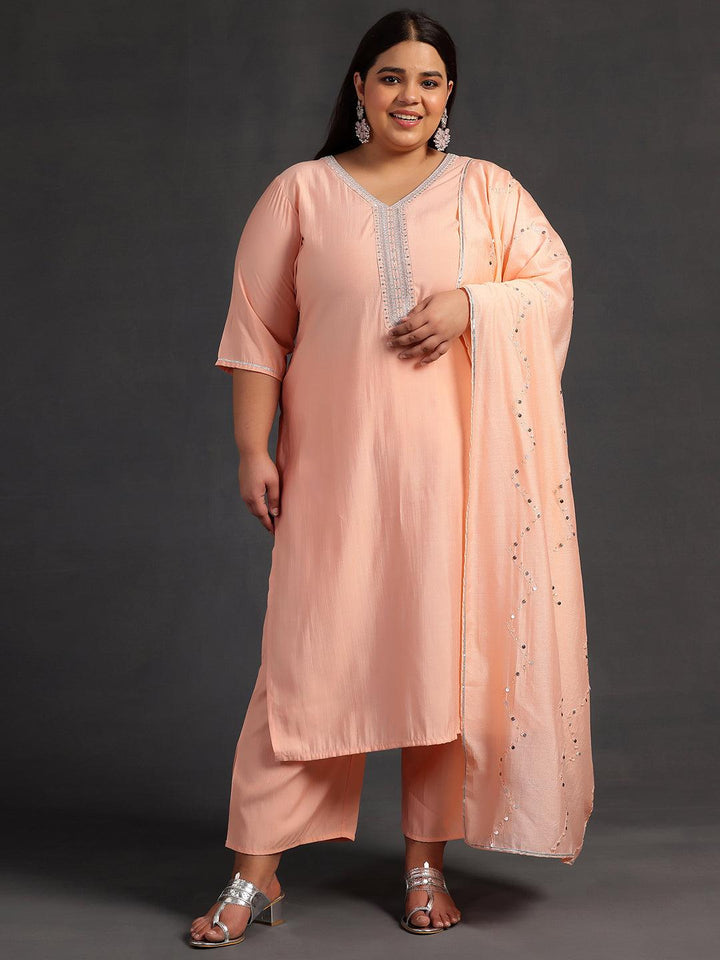 Plus Size Peach Yoke Design Silk Blend Straight Suit With Dupatta