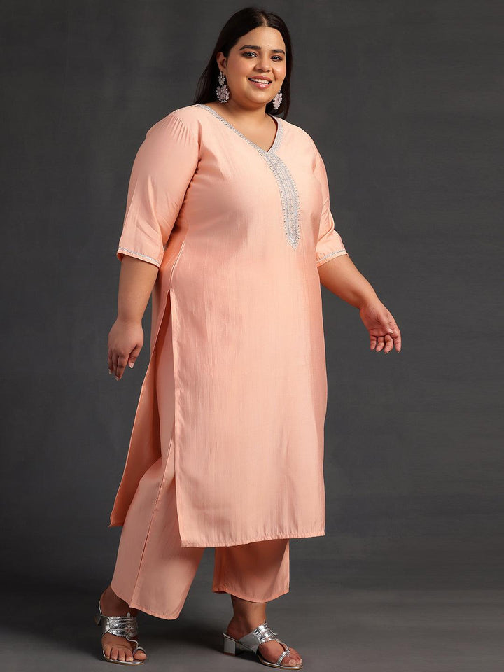 Plus Size Peach Yoke Design Silk Blend Straight Suit With Dupatta