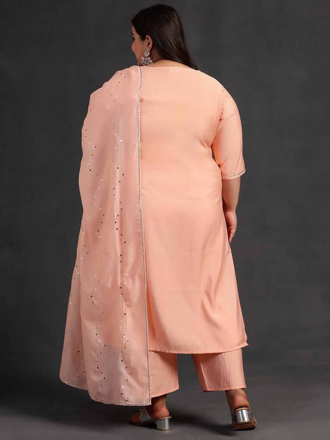 Plus Size Peach Yoke Design Silk Blend Straight Kurta With Trousers & Dupatta - ShopLibas 