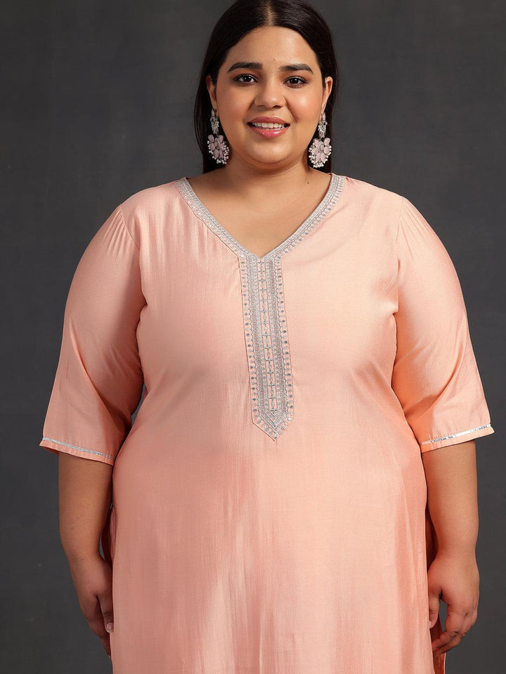 Plus Size Peach Yoke Design Silk Blend Straight Suit With Dupatta
