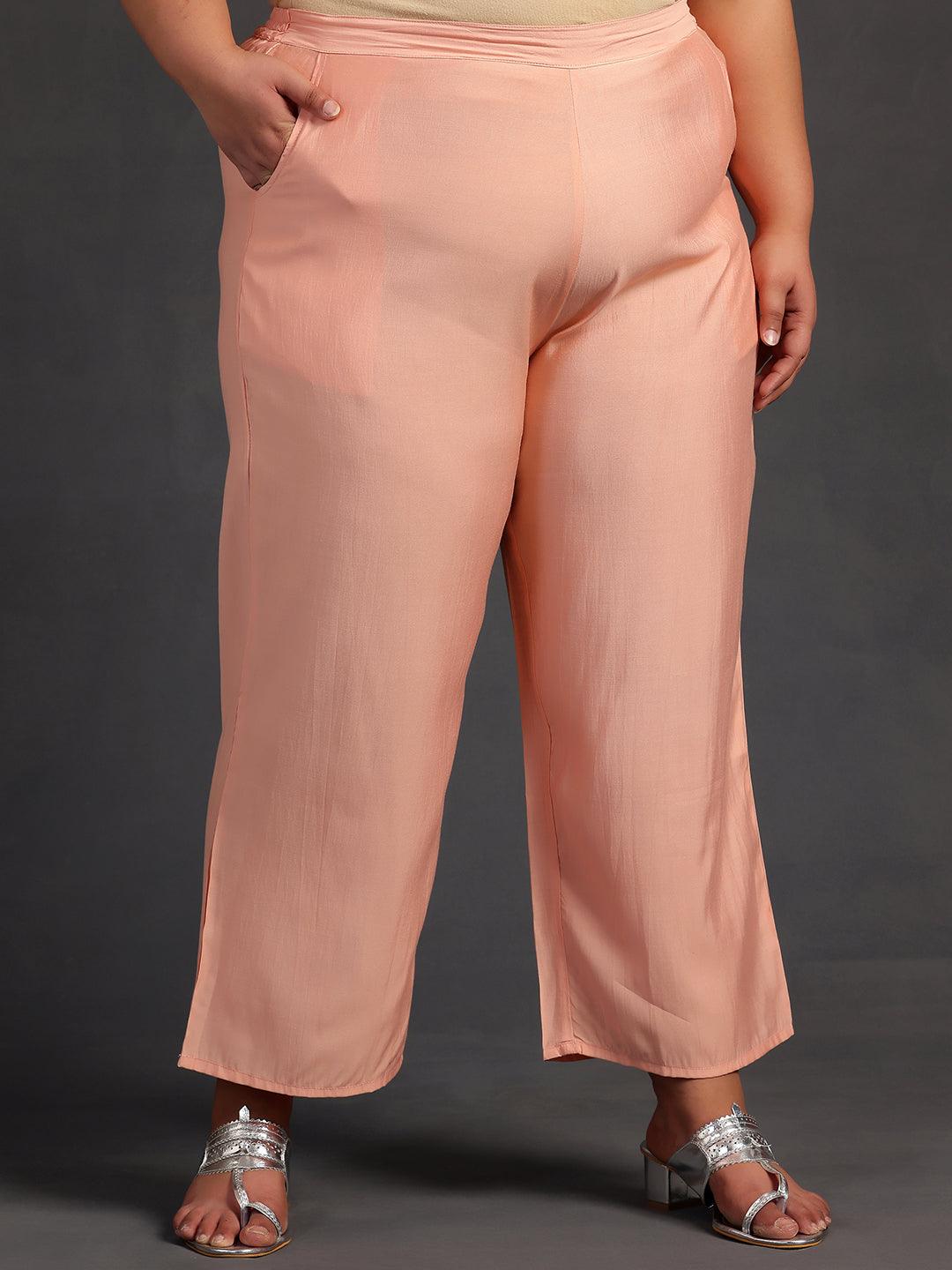 Plus Size Peach Yoke Design Silk Blend Straight Kurta With Trousers & Dupatta - ShopLibas 