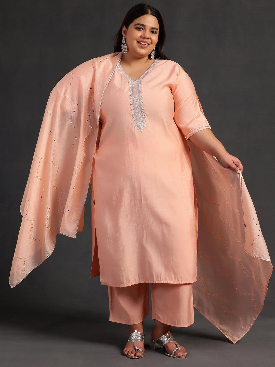 Plus Size Peach Yoke Design Silk Blend Straight Kurta With Trousers & Dupatta - ShopLibas 