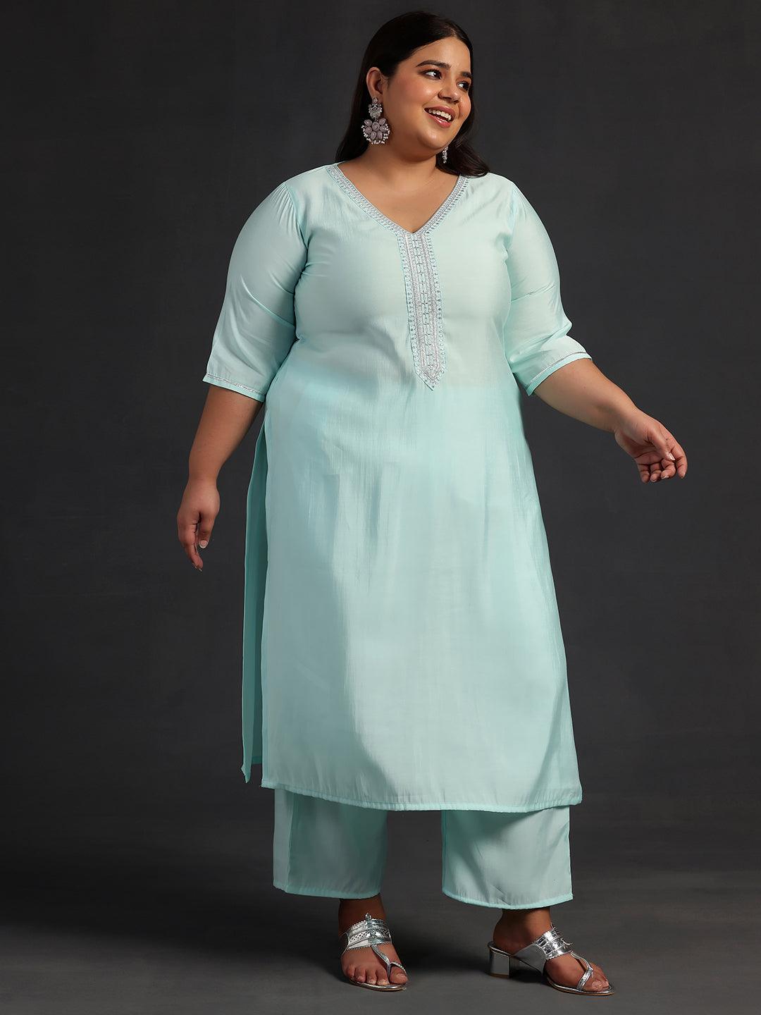 Plus Size Blue Yoke Design Silk Blend Straight Kurta With Trousers & Dupatta - ShopLibas 