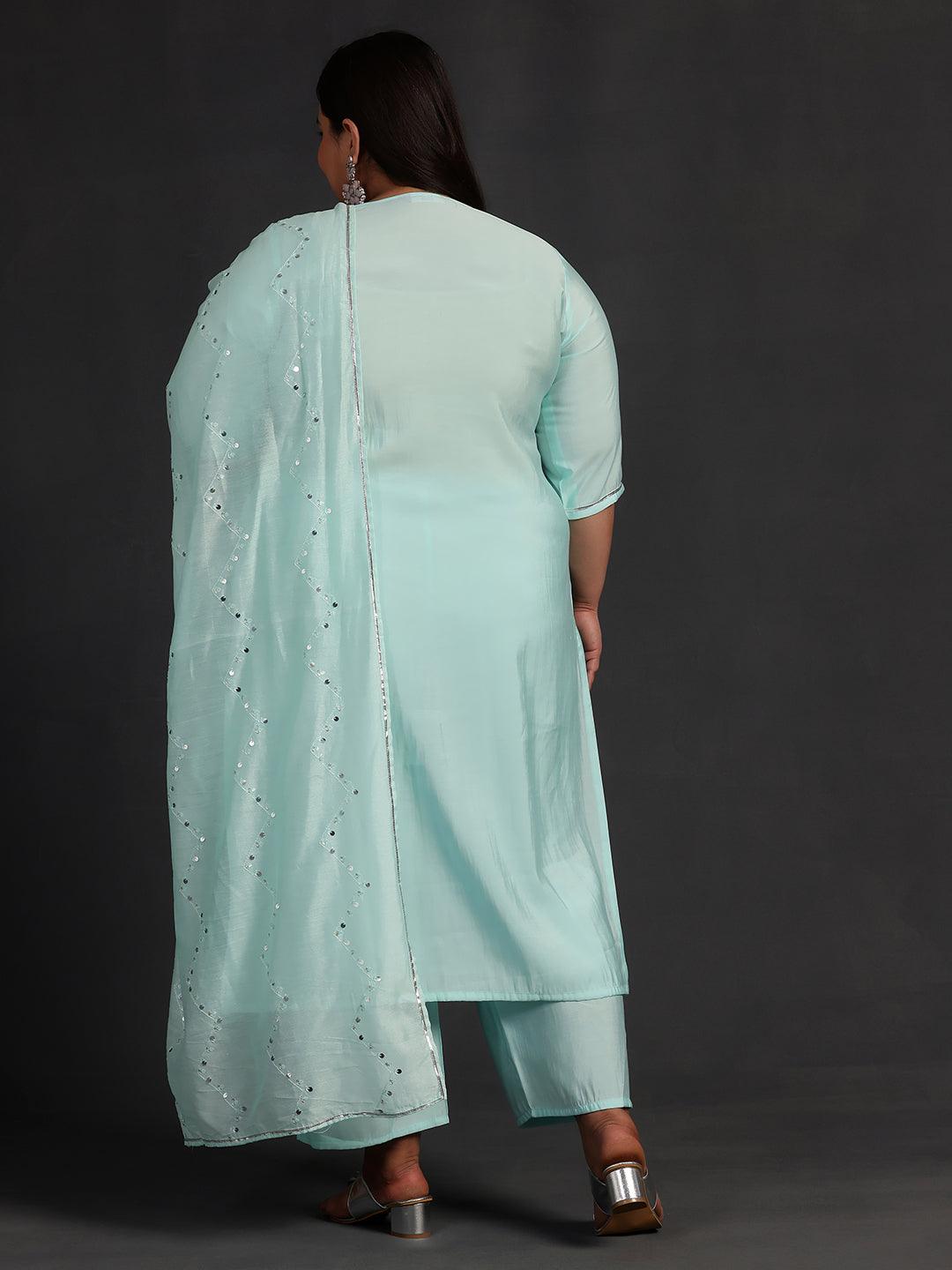 Plus Size Blue Yoke Design Silk Blend Straight Kurta With Trousers & Dupatta - ShopLibas 