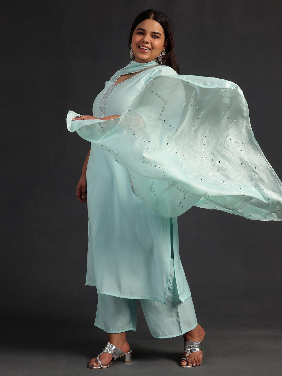 Plus Size Blue Yoke Design Silk Blend Straight Kurta With Trousers & Dupatta - ShopLibas 