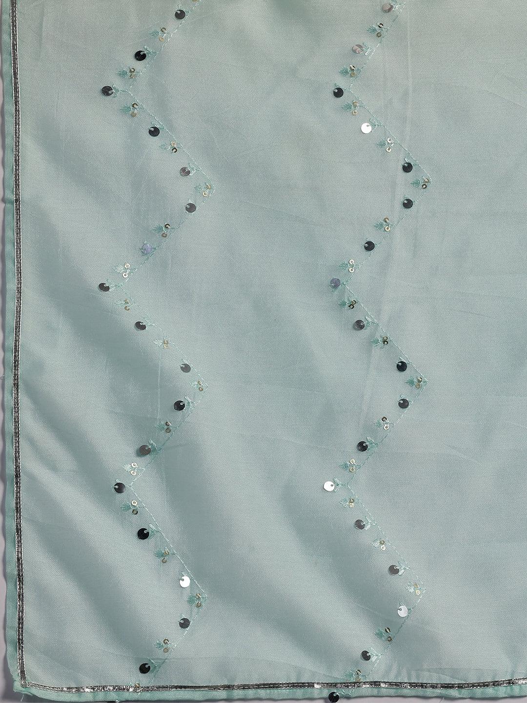 Plus Size Blue Yoke Design Silk Blend Straight Kurta With Trousers & Dupatta - ShopLibas 
