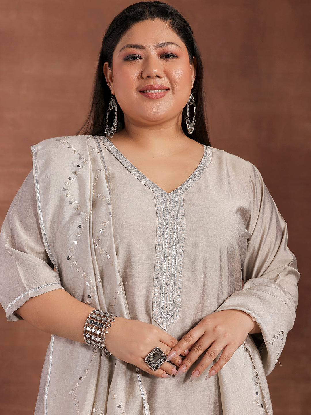 Plus Size Grey Yoke Design Silk Blend Straight Suit With Dupatta