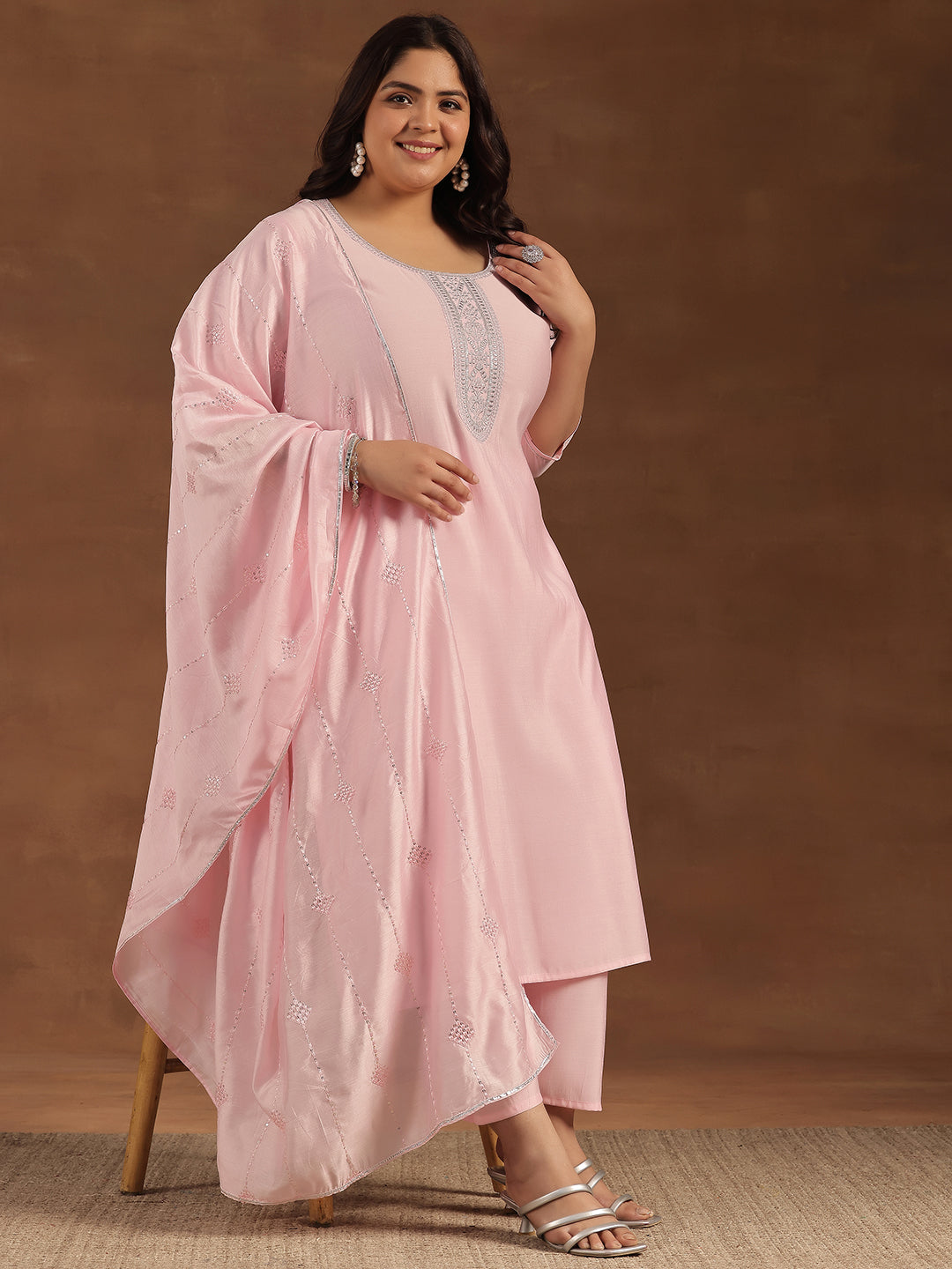 Plus Size Pink Yoke Design Silk Blend Straight Suit With Dupatta