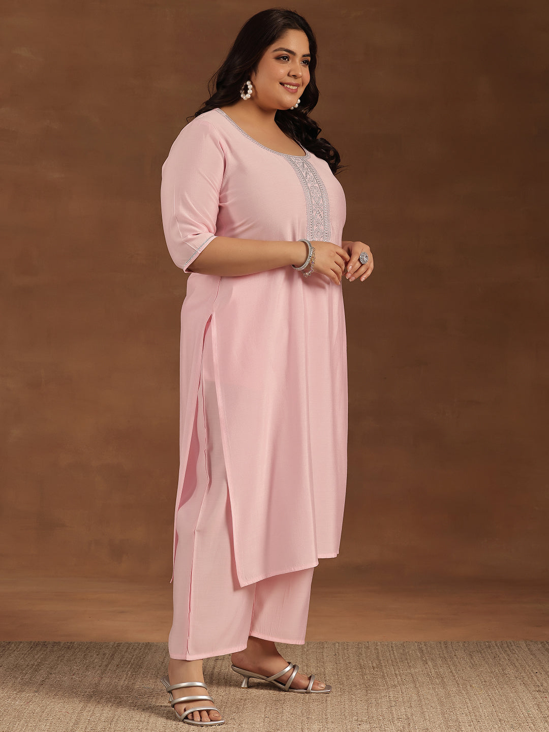 Plus Size Pink Yoke Design Silk Blend Straight Suit With Dupatta