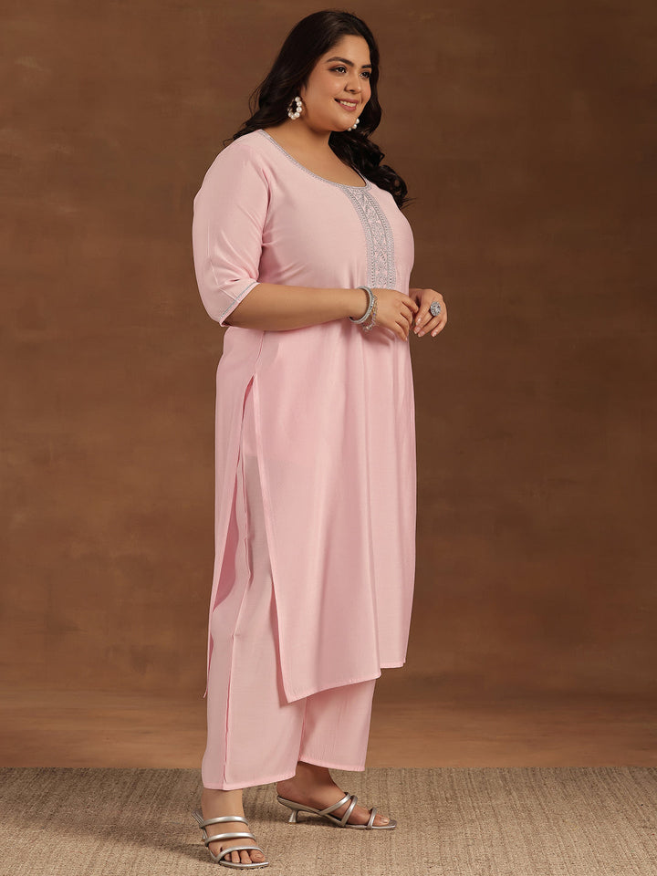 Plus Size Pink Yoke Design Silk Blend Straight Suit With Dupatta