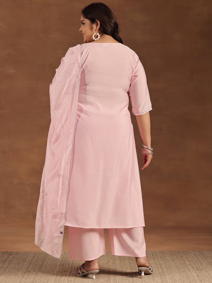 Plus Size Pink Yoke Design Silk Blend Straight Suit With Dupatta