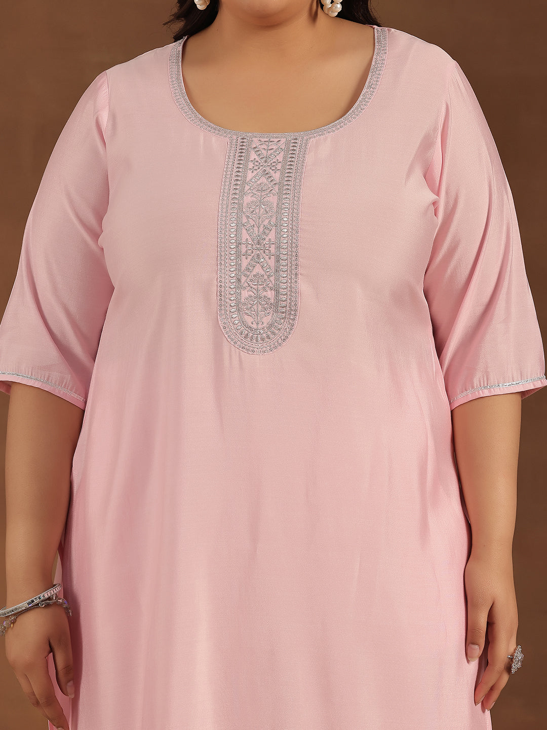 Plus Size Pink Yoke Design Silk Blend Straight Suit With Dupatta