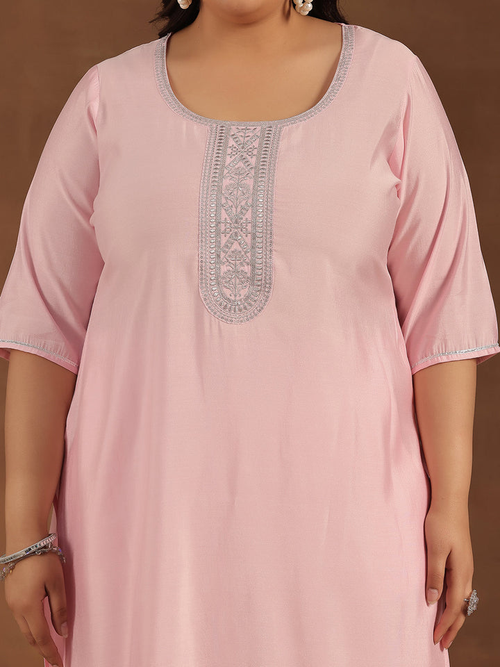 Plus Size Pink Yoke Design Silk Blend Straight Suit With Dupatta