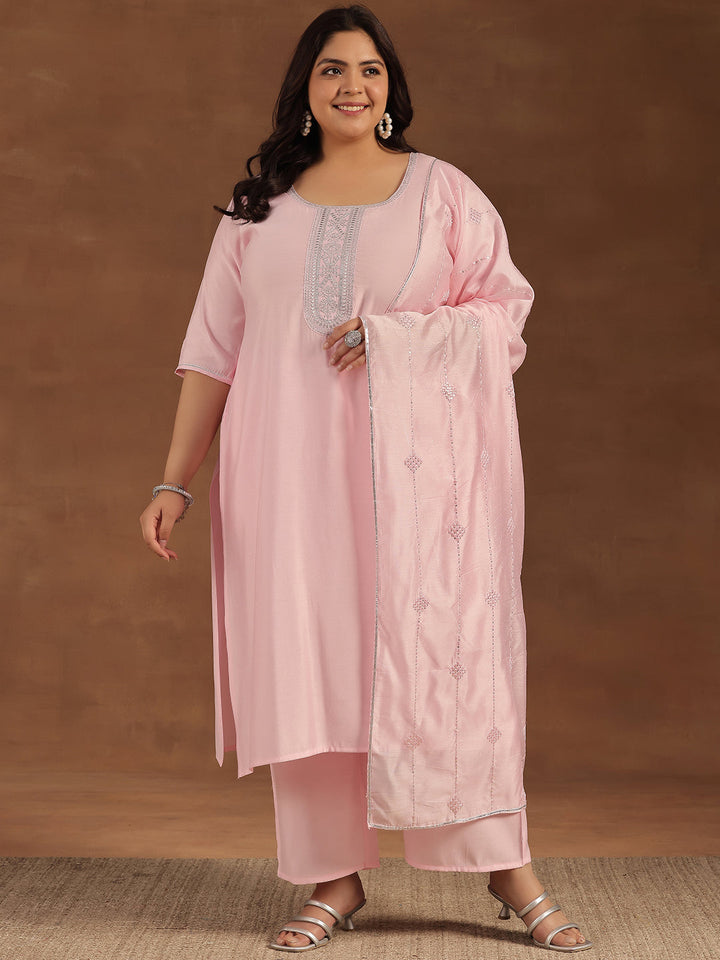 Plus Size Pink Yoke Design Silk Blend Straight Suit With Dupatta