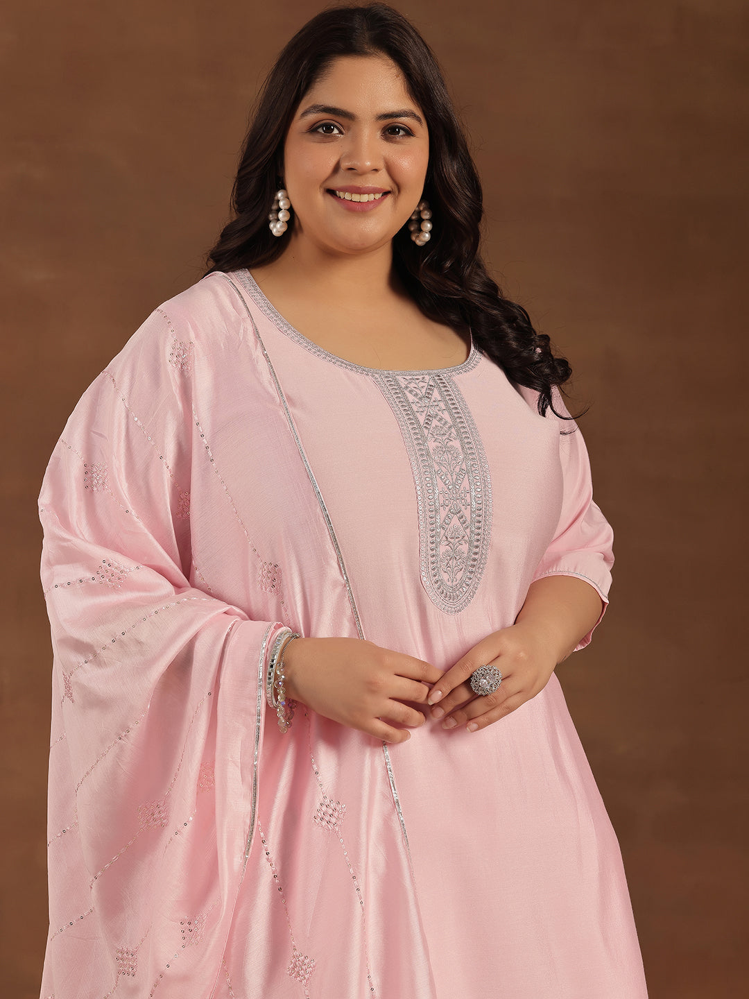Plus Size Pink Yoke Design Silk Blend Straight Suit With Dupatta