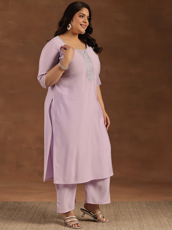 Plus Size Lavender Yoke Design Silk Blend Straight Suit With Dupatta