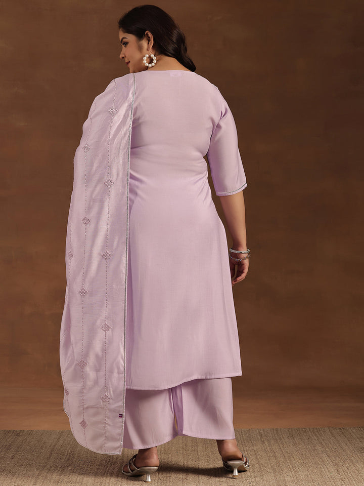 Plus Size Lavender Yoke Design Silk Blend Straight Suit With Dupatta