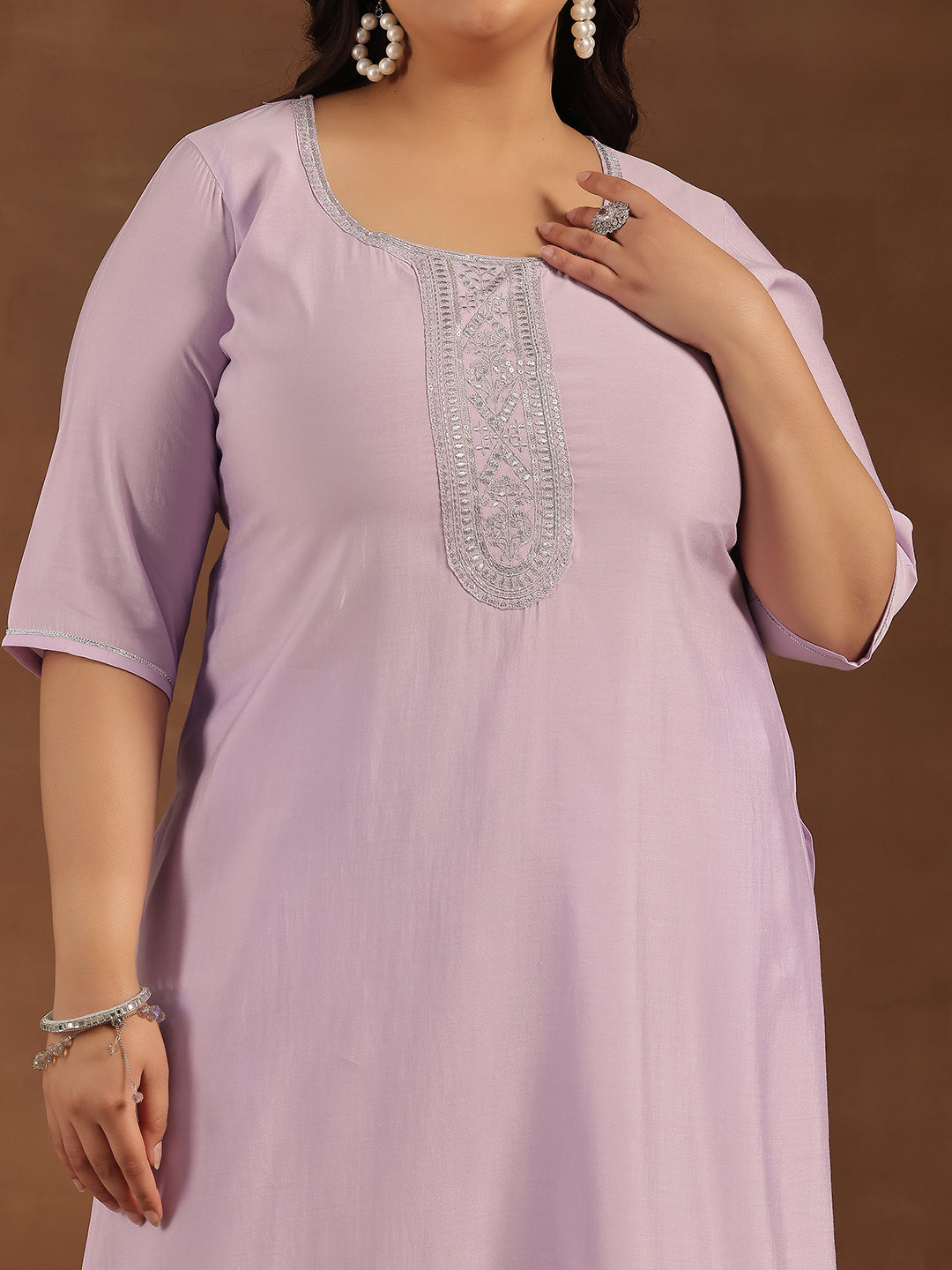Plus Size Lavender Yoke Design Silk Blend Straight Suit With Dupatta