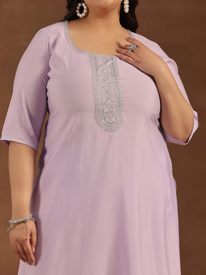 Plus Size Lavender Yoke Design Silk Blend Straight Suit With Dupatta