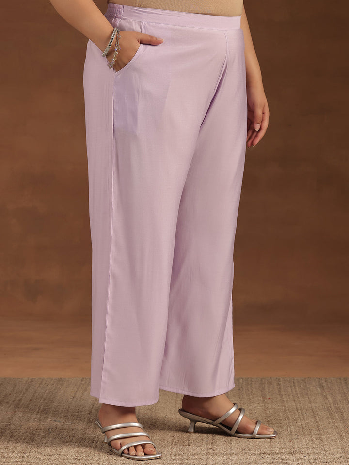 Plus Size Lavender Yoke Design Silk Blend Straight Suit With Dupatta