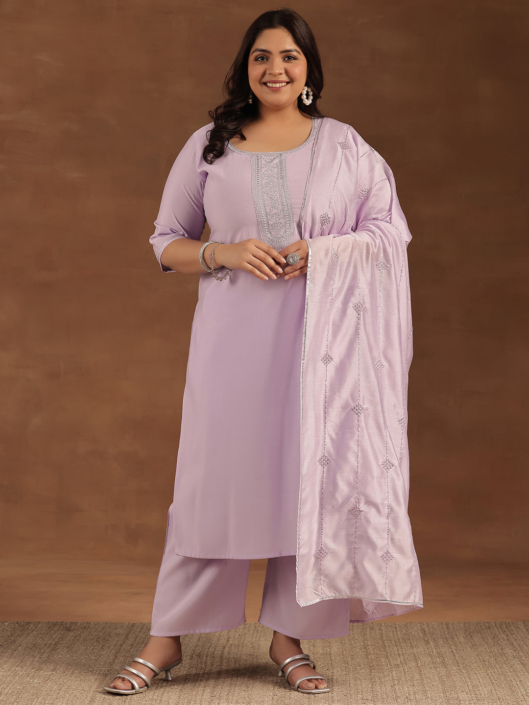 Plus Size Lavender Yoke Design Silk Blend Straight Suit With Dupatta
