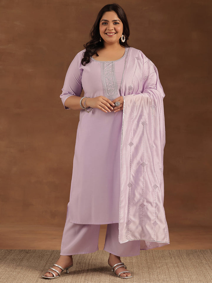 Plus Size Lavender Yoke Design Silk Blend Straight Suit With Dupatta