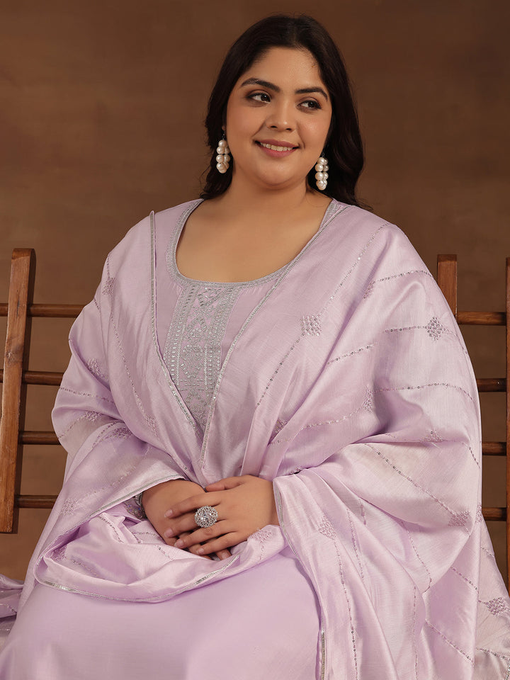 Plus Size Lavender Yoke Design Silk Blend Straight Suit With Dupatta
