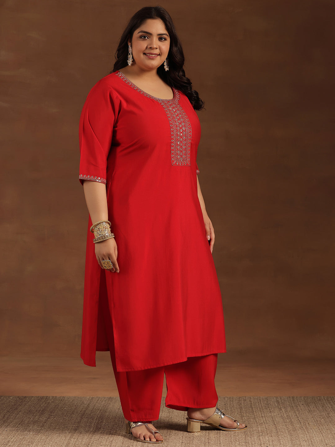 Plus Size Red Yoke Design Silk Blend Straight Suit With Dupatta