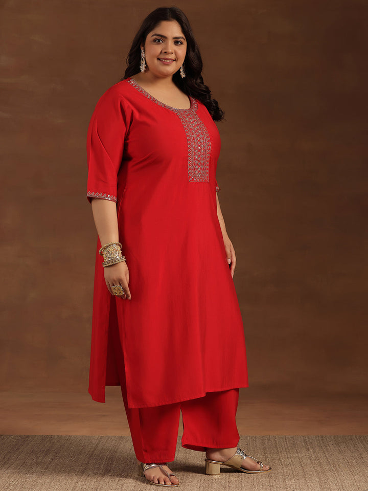 Plus Size Red Yoke Design Silk Blend Straight Suit With Dupatta