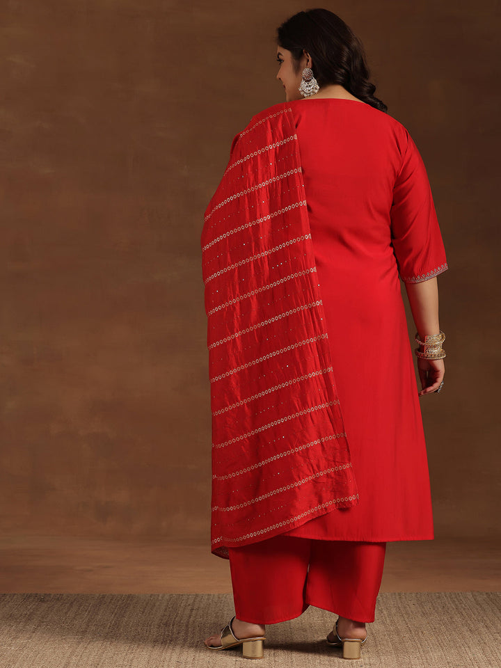 Plus Size Red Yoke Design Silk Blend Straight Suit With Dupatta