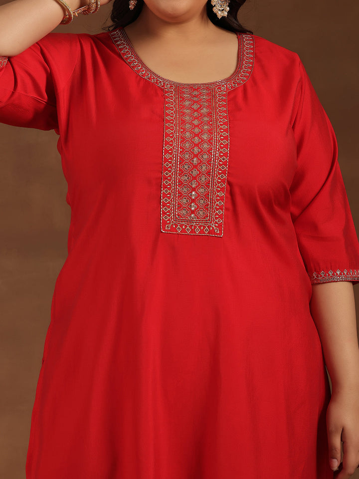 Plus Size Red Yoke Design Silk Blend Straight Suit With Dupatta