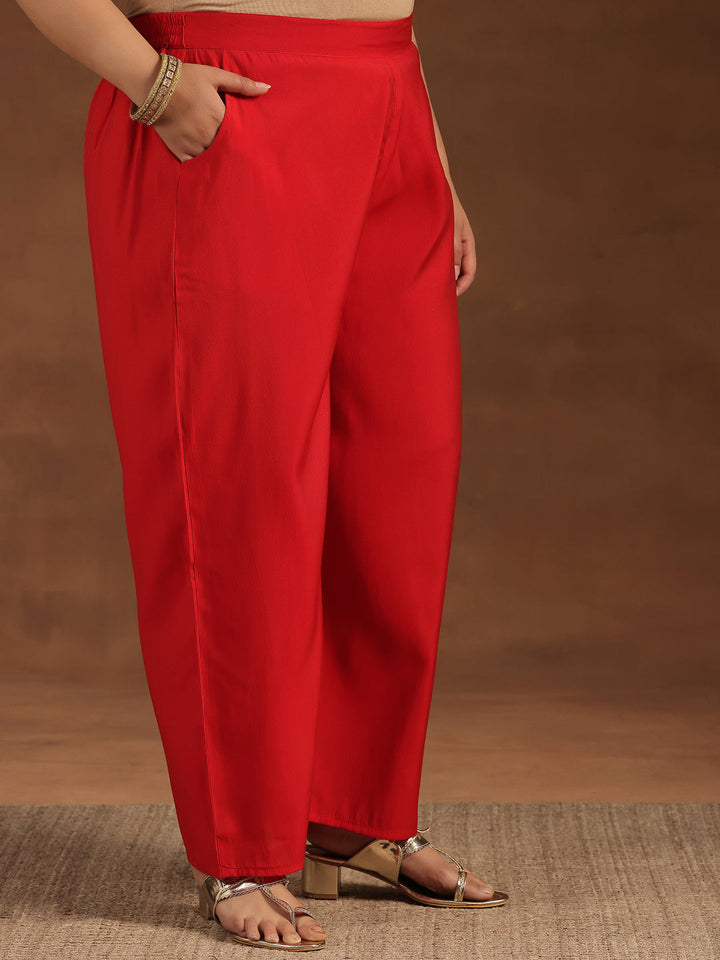 Plus Size Red Yoke Design Silk Blend Straight Suit With Dupatta