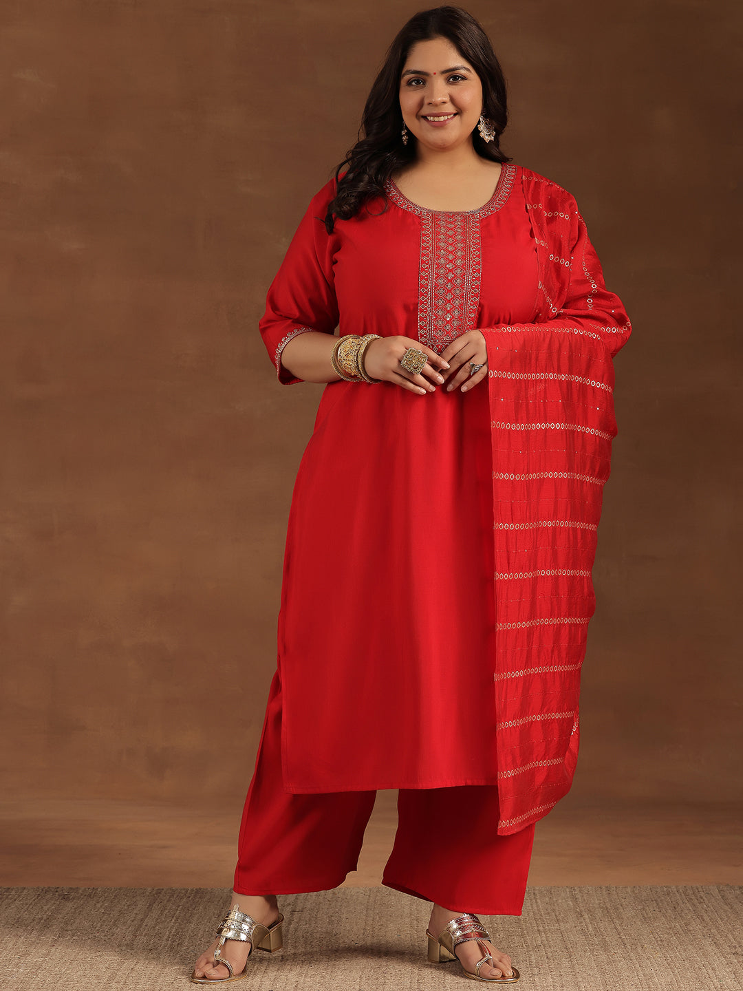 Plus Size Red Yoke Design Silk Blend Straight Suit With Dupatta